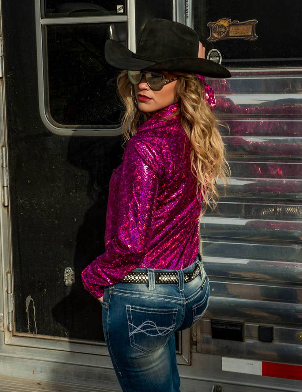 Cowgirl Tuff | Chemise Pullover | Metallic Lightweight Stretch Jersey Pink