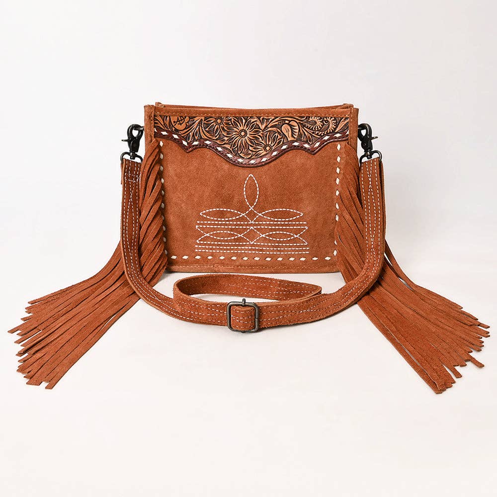 Sacoche à Bandoulière | Tan Suede Fringe & White Embroidery