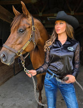 Load the image into the gallery, Cowgirl Tuff | Chemise Pullover | Black Satin With Sheer Sequin Sleeves
