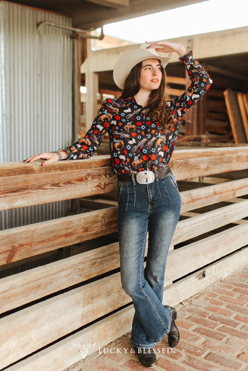 Black Western Printed Ruffle Collar Button Down Shirt