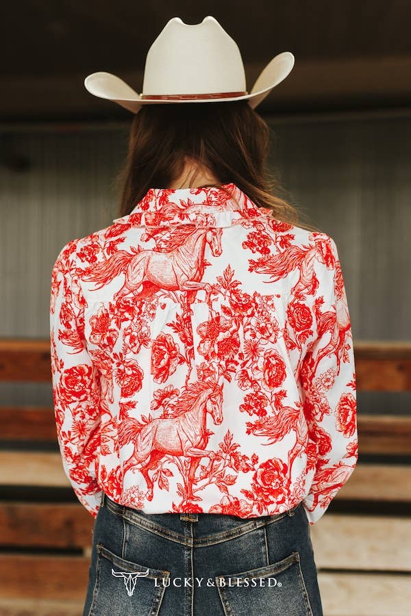Ivory Red Horse Floral Printed Ruffle Collar Shirt