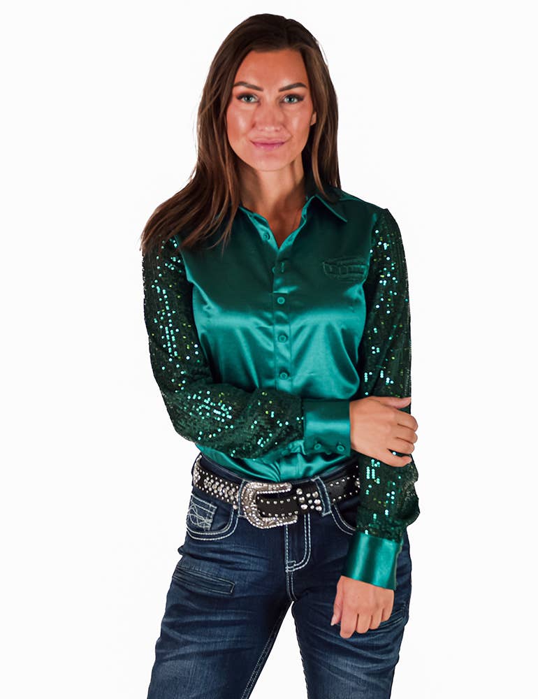 Cowgirl Tuff | Chemise Pullover | Turquoise Satin with Sequin Sheer