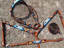 Load the image into the gallery, Tack Set | Beaded Aztec Orange &amp; Turquoise Feather
