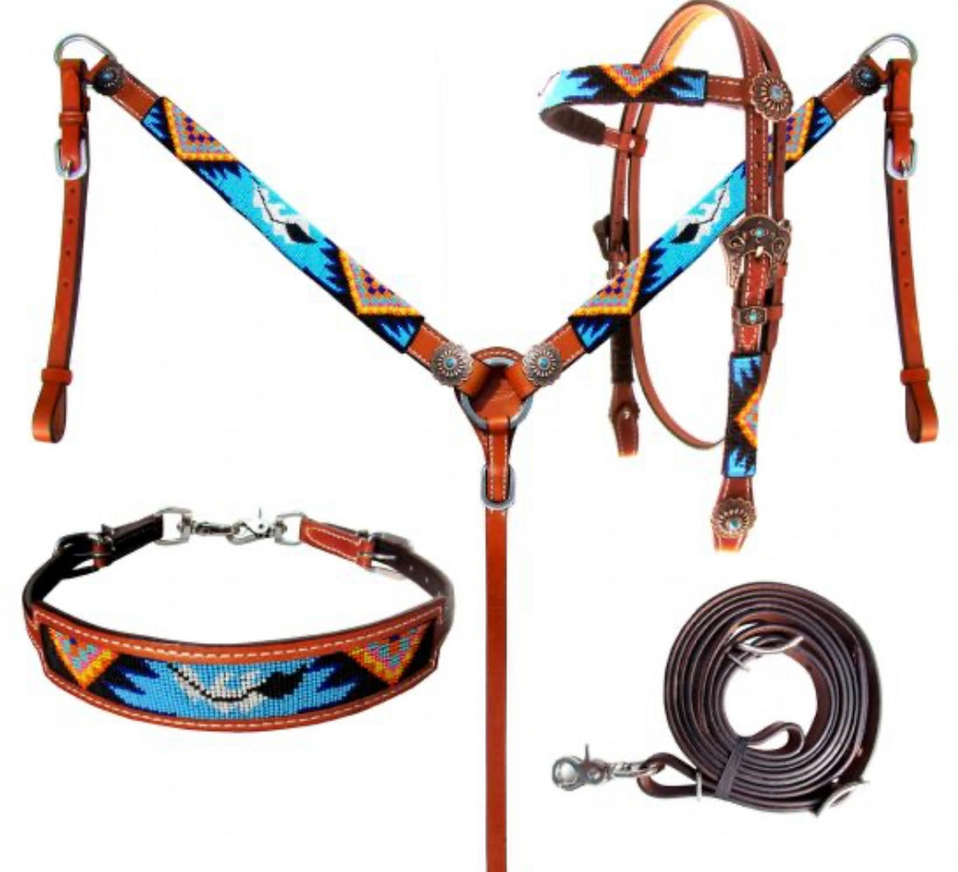 Tack Set | Beaded Aztec Orange & Turquoise Feather