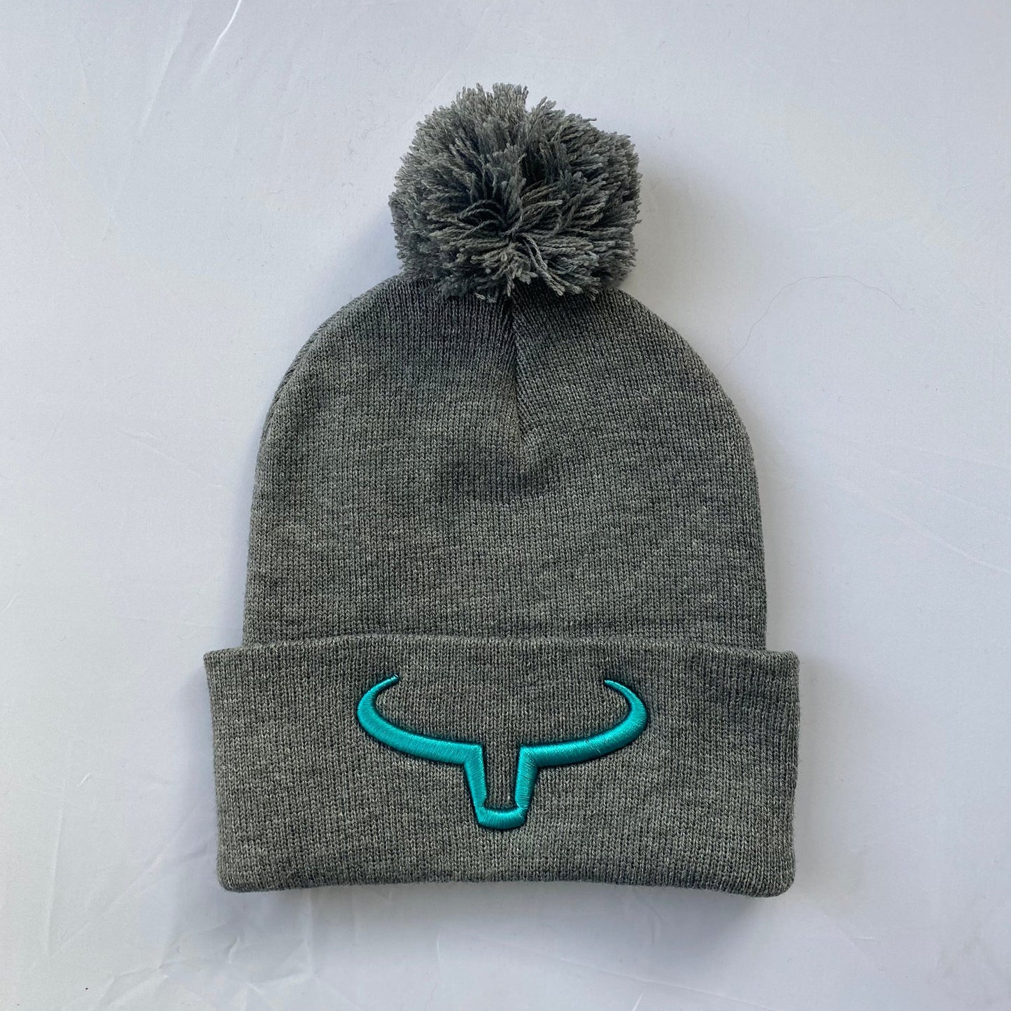 <tc>Ranch Brand | Beanie with Pompom | Gray & Turquoise</tc>