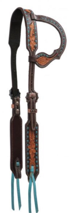 Headstall | One Ear | Floral Turquoise Buckstitch