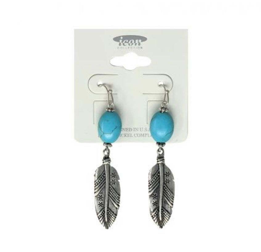 Boucles D’oreilles | Plumes et Billes Turquoises