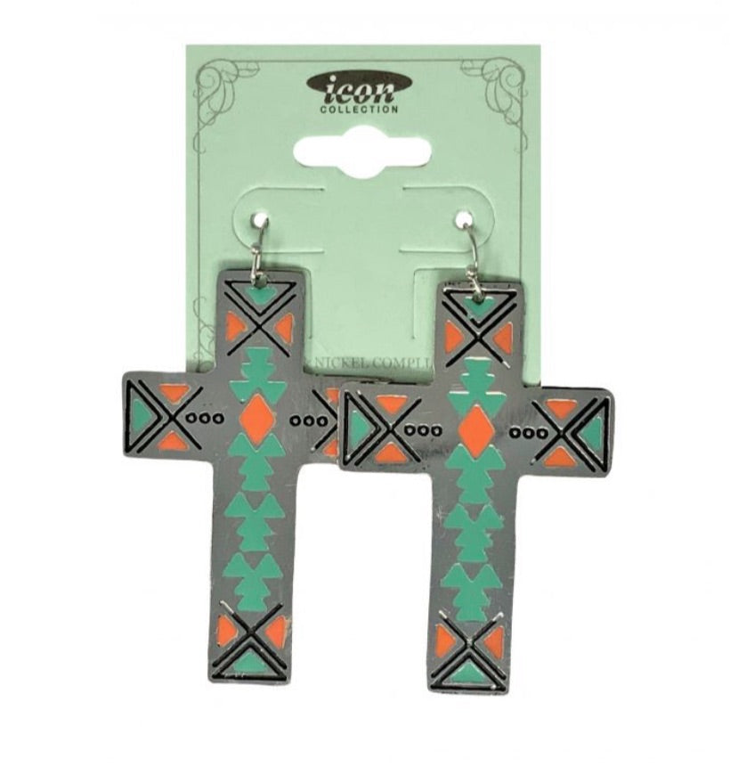 Earrings | Teal and Pink Aztec Cross