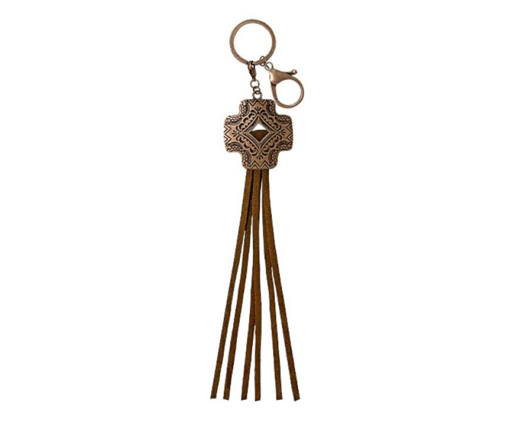 Key Chain | Copper Cross and Brown Fringe